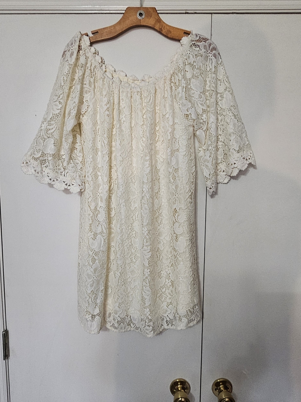 Umgee Lace Cream Mini Dress Quarter Sleeves So Cute W/ 👢👢🍂🍁 Sz Med